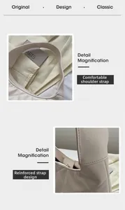 Detail view of reinforced shoulder straps on a beige quilted tote bag with smooth stitching