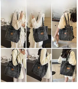 Detailed views of a charcoal acid wash denim tote bag styled with various outfits
