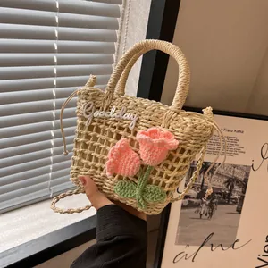 Woven straw handbag with pink crochet tulips and Goodday patch for summer beach vacation