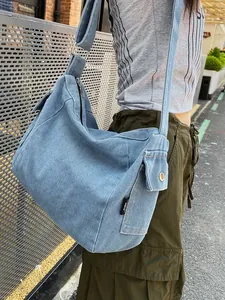 Women Large Capacity Denim Crossbody Bag Vintage Washed Tote Bag With Adjustable Strap Casual Messenger Bag Hobo Bag