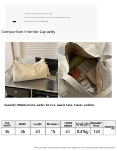 Vue détaillée de la capacité et des dimensions internes du sac fourre-tout en PU blanc