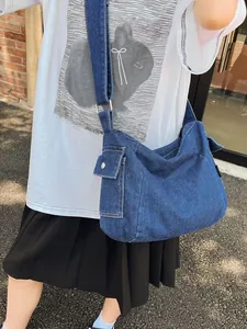 Simple large capacity dark blue denim tote bag with wide shoulder strap for women