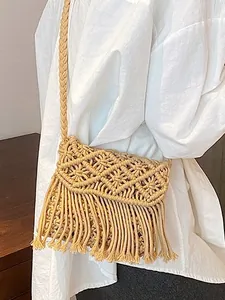Women Hand Woven Macrame Crossbody Bag Cotton Rope Tassel Shoulder Bag Bohemian Summer Beach Vacation Phone Purse