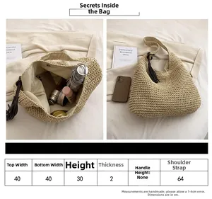 Size chart for large straw tote bag showing 40x30cm dimensions and interior storage space
