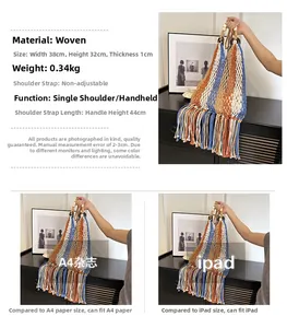 Detail view of colorful woven beach bag with long fringe and wooden ring handles