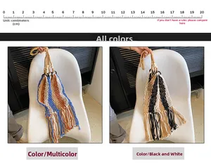 Detail of bohemian straw bag showing round handles and colorful fringe with size scale