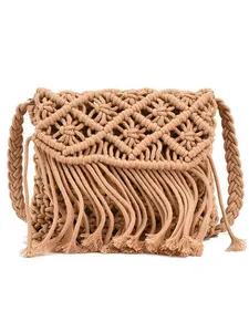 Bohemian hand-woven straw shoulder bag with tassels and geometric patterns for summer beach