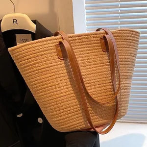 Large Capacity Cotton Rope Straw Woven Tote Bag Women Summer Beach Vacation Fashion Shoulder Handbag PU Leather Straps