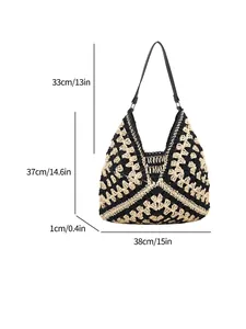 Bohemian knit straw tote bag with black geometric pattern and 38cm width dimensions