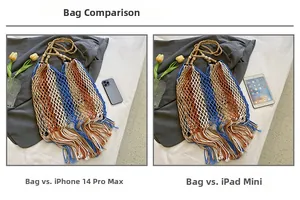 Size comparison of the woven straw tote bag with iPhone 14 Pro Max and iPad mini