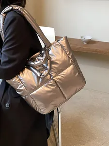 Large Capacity Quilted Puffer Bag For Women Metallic Shiny Tote Shoulder Bag Lightweight Winter Fashion Commuter Bag