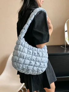 Quilted light blue puffy shoulder bag with square texture and large capacity for women