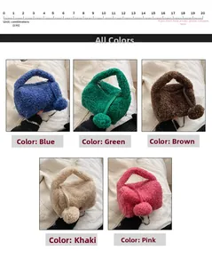 Detail showing five colors of plush handbags with chain straps and fur ball pendants