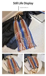 Detail view of woven beach bag with colorful stripes, long tassels, and wooden beads