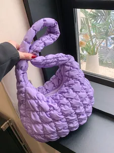 Quilted light purple bubble shoulder bag with ruched texture and large capacity