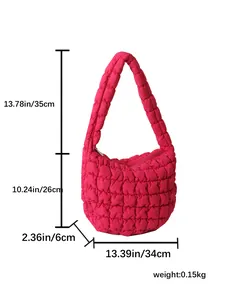 Hot pink quilted puffer shoulder bag with dimensions 34x26x6cm and a lightweight design