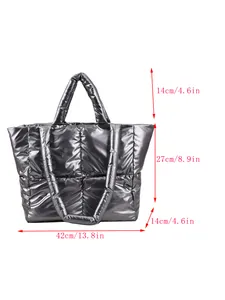 Quilted silver puffer tote bag with dimensions 42cm width and polished shiny finish
