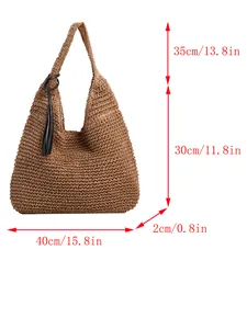 Large woven straw shoulder bag with dimensions 40x30cm and black tassel for beach
