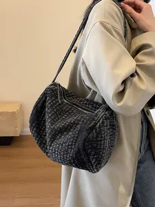Chic dark wash denim quilted shoulder bag with large capacity and silver zipper