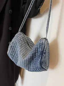 Vintage washed denim hobo bag for women with quilted pattern and crescent shape