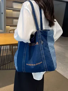 Casual patchwork denim tote bag with embroidery for women’s daily commute and school