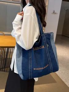 Denim patchwork tote bag with embroidery for women casual daily commuting and school