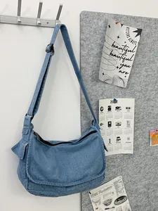 Women Large Capacity Denim Messenger Bag Vintage Street Style Crossbody Tote Bag For School Commute Multi Pocket Adjustable Strap