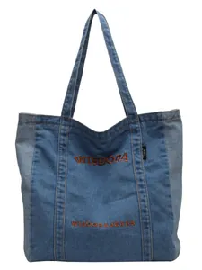 Casual blue denim tote bag for women featuring Wisdora embroidery and large capacity