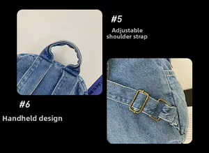 Detail of blue denim backpack showing reinforced handles and adjustable metal buckles