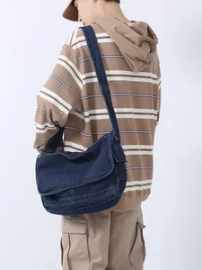 Large capacity navy denim messenger bag for daily commuting and student life