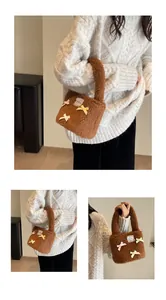Detailed macro of brown faux shearling bucket bag with colorful ribbon bows and lace patch