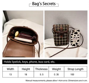 Size guide for mini crossbody bag showing dimensions and interior storage capacity