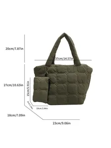 Olive green quilted puffer tote bag with padded handles and small attached pouch for women