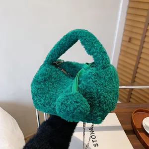 Cute emerald green plush handbag with fluffy faux fur and detachable gold chain strap