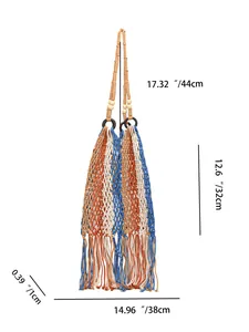 Bohemian woven straw beach bag with colorful stripes, fringe details and dimensions