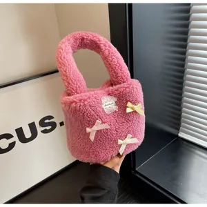 Pink plush lamb wool bucket bag with cute bows and delicate lace 'Just for you' detail