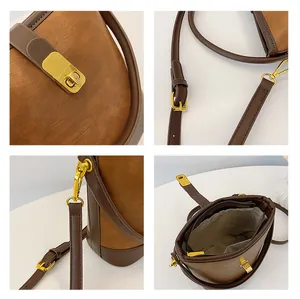 Detailansichten der Bucket Bag in Karamell mit goldener Hardware und Reißverschlussfach