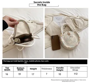 Guide des tailles détaillé et vue de la capacité pour un sac rond d'été tressé