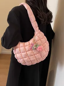 Korean Quilted Puffer Bag Women Cloud Underarm Bag Soft Casual Shoulder Bag With Strawberry Flower Charm Solid Color Handbag