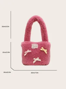 Pink lamb wool bucket bag with colorful bows and size dimensions of 20x15x16cm