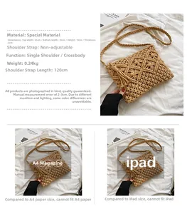 Size comparison of woven crossbody bag showing dimensions with iPad and A4 magazine