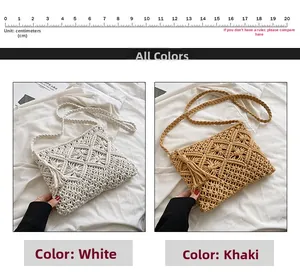 Detail of woven macrame crossbody bags in white and khaki with side tassels and size guide