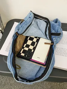 Retro light blue denim backpack with large capacity for laptop and daily travel gear