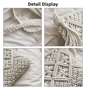 Detailed macro view of bohemian macrame weaving and tassel on cream cotton shoulder bag