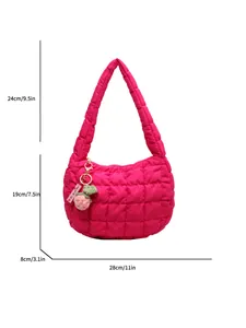 Hot pink quilted cloud hobo bag with plush fruit charm and size measurements