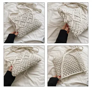 Detailed macro view of bohemian hand-woven ivory cotton bag with tassel and rhombus patterns