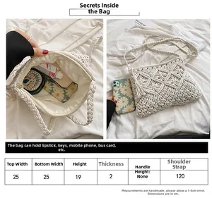 Detailed size chart and interior capacity view of white macrame woven crossbody beach bag
