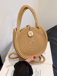 Sac à Main Rond en Paille Tissée Bohème Détail Bouton en Bois Coutures Arcobaleno Sac Bandoulière Plage Été Femme