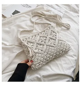 Detailed view of bohemian woven bag with handmade crochet patterns and tassel accents