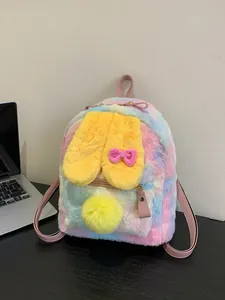 Cute Plush Rabbit Backpack For Women Kids Rainbow Gradient Furry Rucksack With Ears Bow Pompom Decoration Sweet Fashion Travel Bag